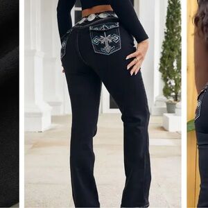 Flamingal Black High Waist Embroidery Pocket Bootcut Jeans Stretch Butt Lift‎ 3X